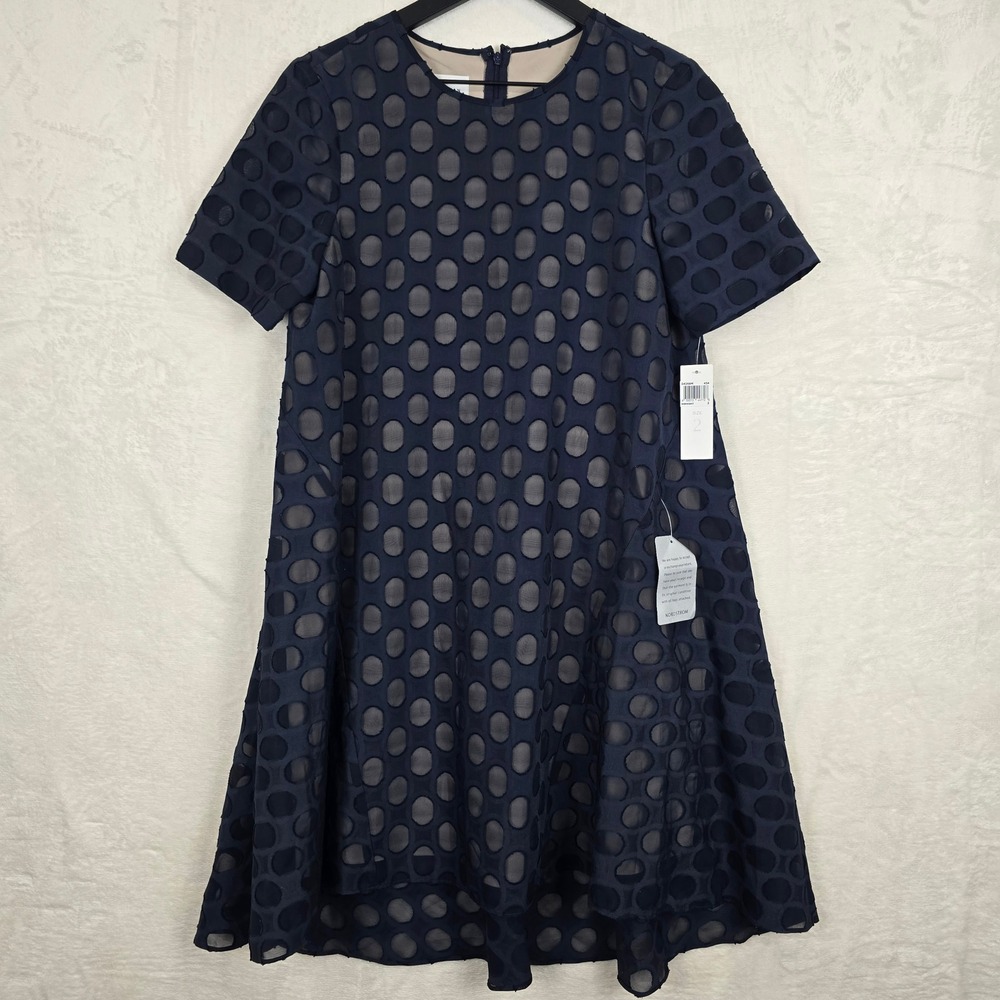 Donna Morgan Midnight Navy Polka Dot Sheer Overlay Mini Dress D4268M Size 2 NWT